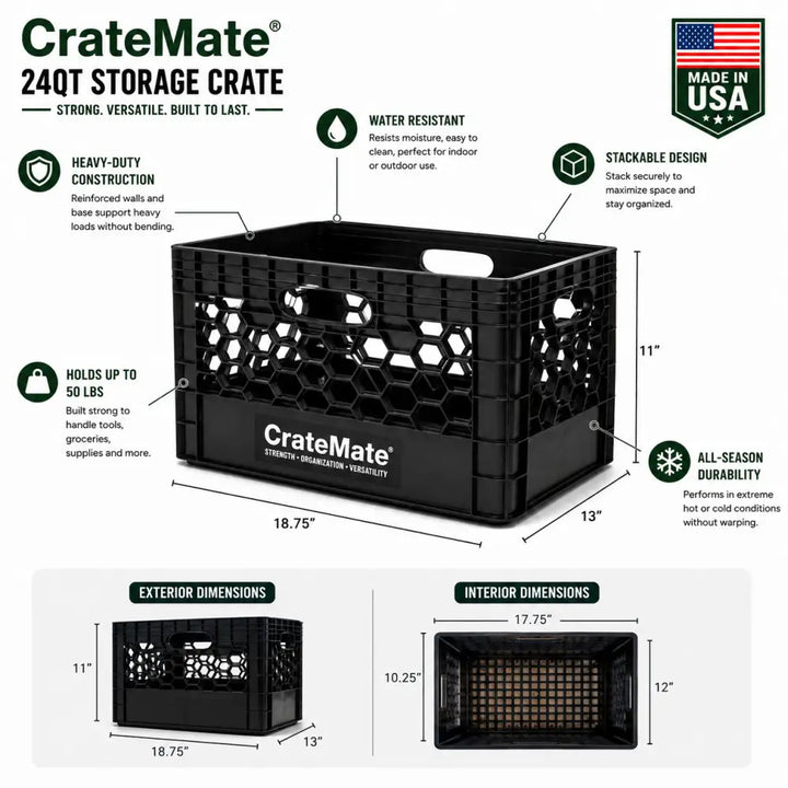 Black milk crate heavy-duty 24qt crate with honeycomb pattern and reinforced walls for garage and camping organization
