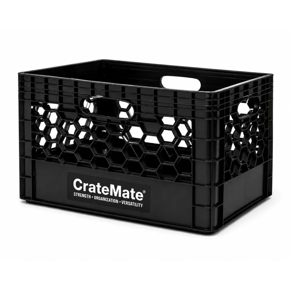 Black heavy-duty 24qt crate with honeycomb pattern and integrated handles for garage and camping organization