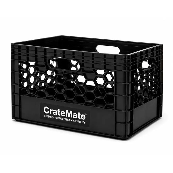 Black heavy-duty 24qt crate with honeycomb pattern and integrated handles for garage and camping organization