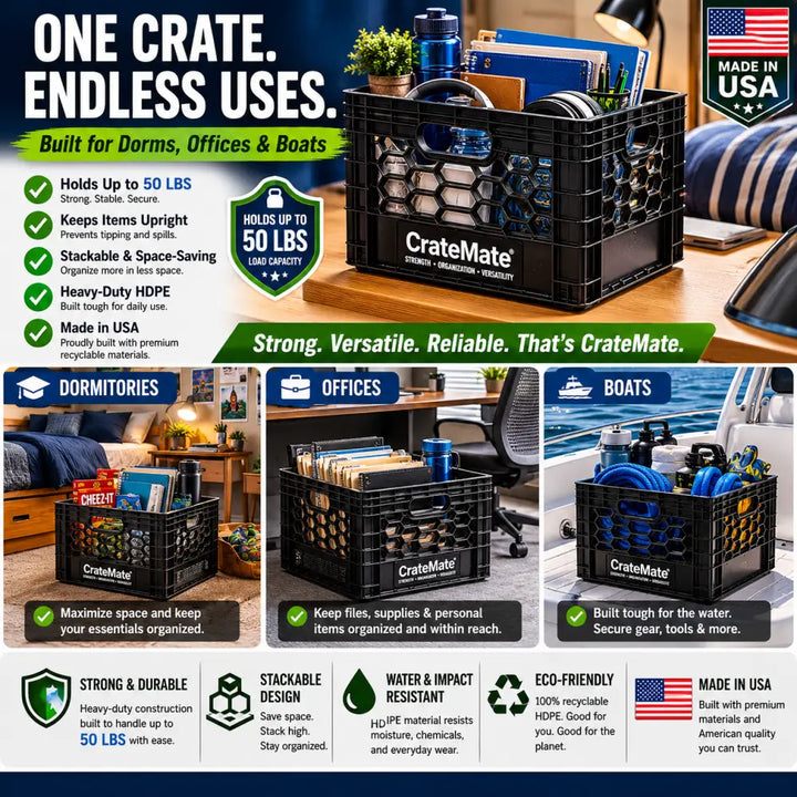 Black heavy-duty 24qt milk crate with hexagonal mesh pattern and cratemate branding for versatile storage organization