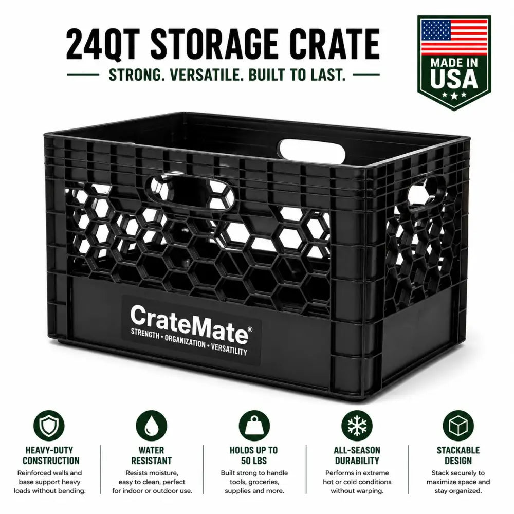 Black heavy-duty 24qt crate mate stackable plastic milk crate with honeycomb pattern and integrated handles for organization