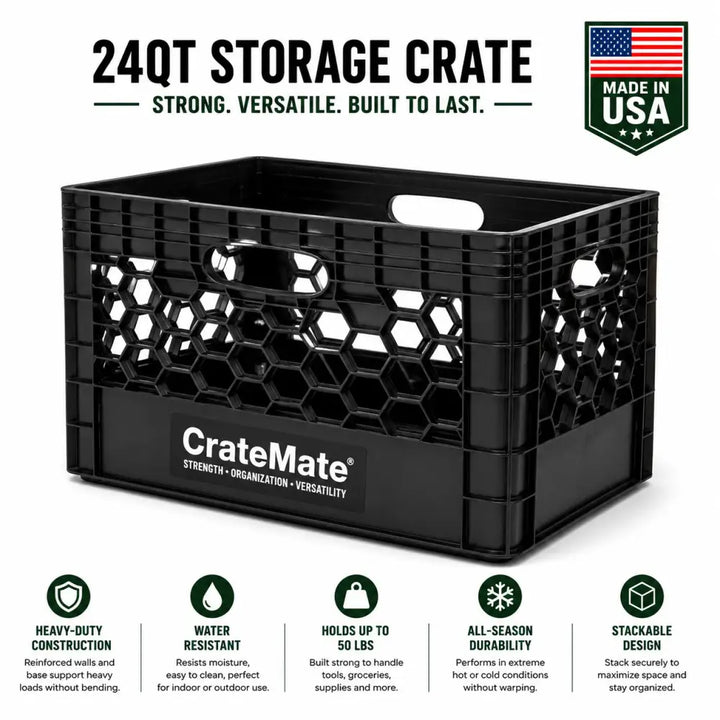 Black heavy-duty 24qt crate mate stackable plastic milk crate with honeycomb pattern and integrated handles for organization