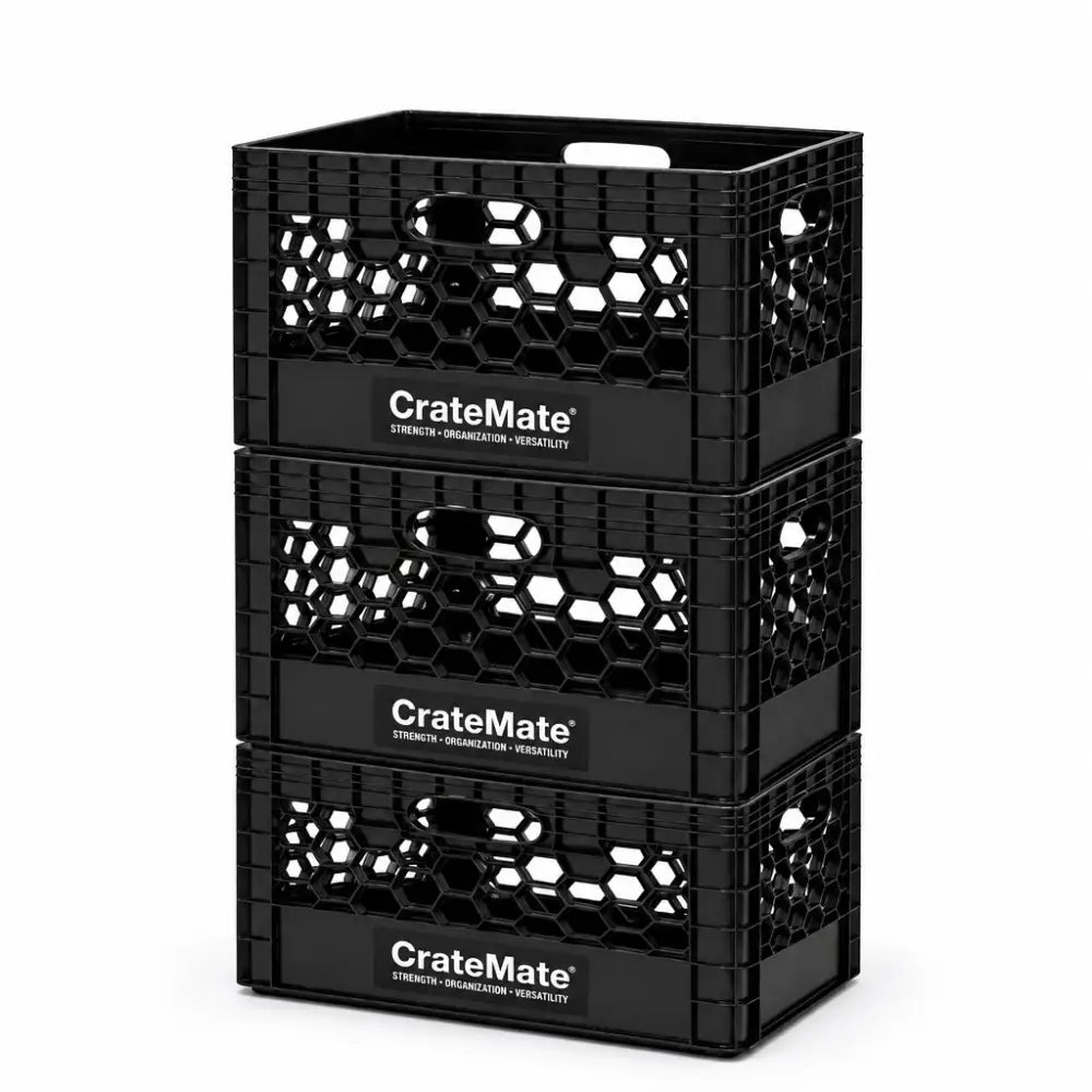 Stack of three black milk crate style heavy-duty 24qt plastic cratemate storage crates with hex ventilation holes and logo