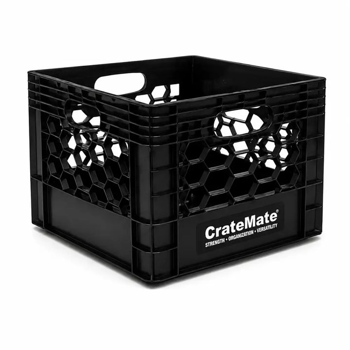 Black milk crate heavy-duty 16qt cratemate storage crate with honeycomb pattern and integrated handles made in usa
