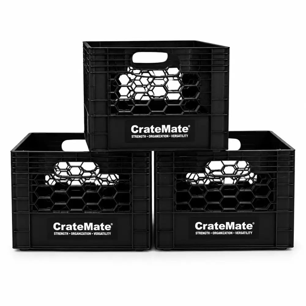 Black heavy-duty 16qt milk crate with hexagonal mesh sides made in usa by cratemate plastic storage crate