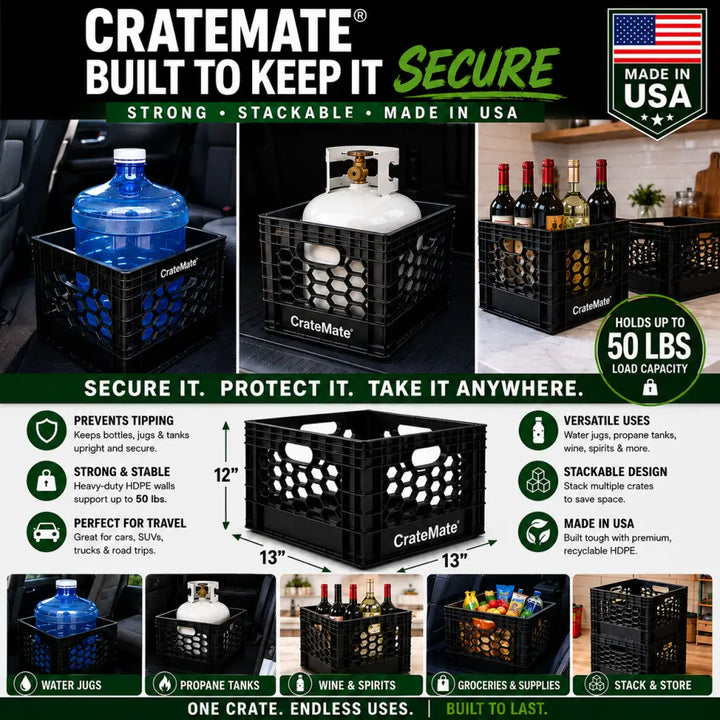 Black heavy-duty 16qt cratemate milk crate with honeycomb pattern and brand name printed on side made in usa