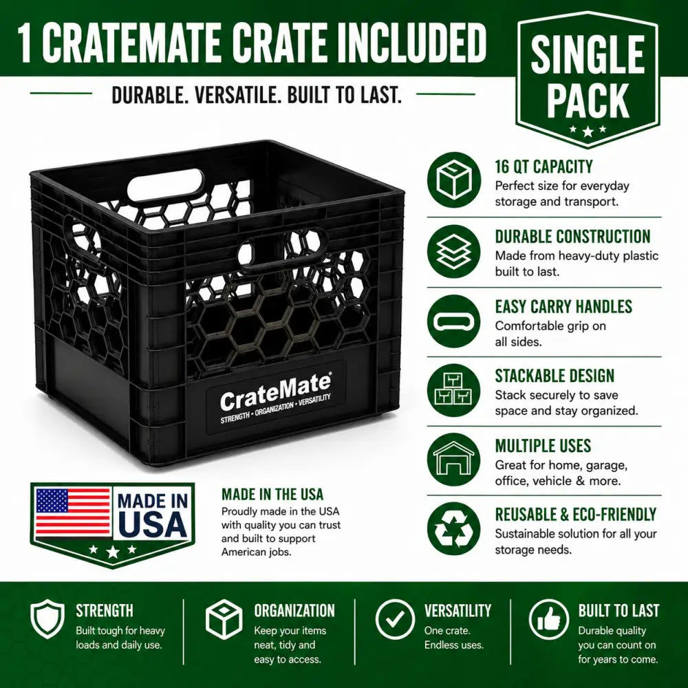 Black milk crate heavy-duty 16qt plastic cratemate storage crate with honeycomb pattern and integrated handles