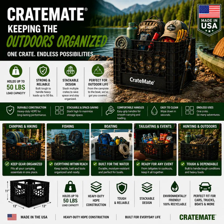 Black heavy-duty 16qt milk crate with hexagonal pattern and cratemate branding made in usa plastic crate