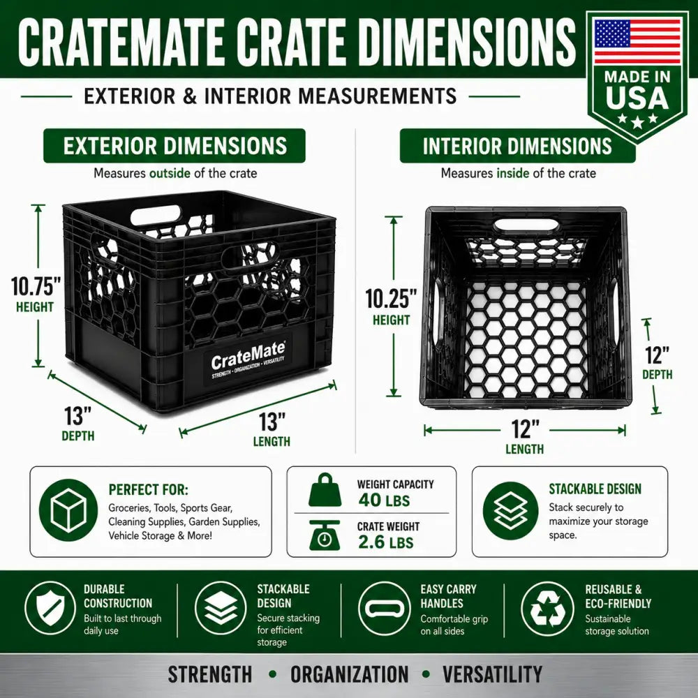 Black milk crate heavy-duty 16qt cratemate with hexagonal ventilation holes and sturdy handles made in USA