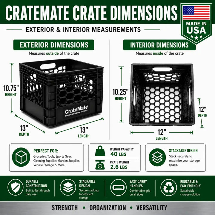 Black milk crate heavy-duty 16qt cratemate with hexagonal ventilation holes and sturdy handles made in USA