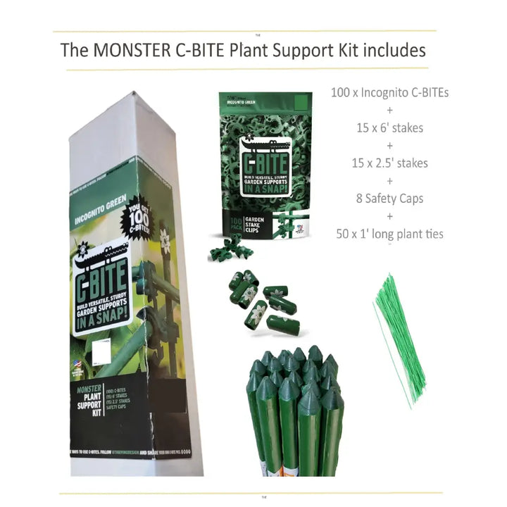 Green plastic c-bite plant support clips with jagged teeth for custom trellis and monster garden plant tomato cage kits