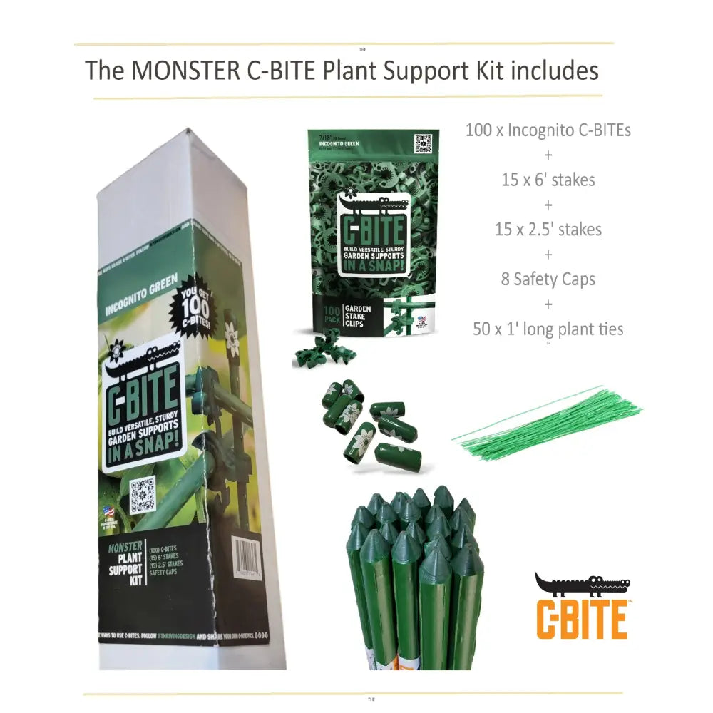 Green plastic c-bite plant support clips with crocodile logo for custom trellis and monster garden plant tomato cage use