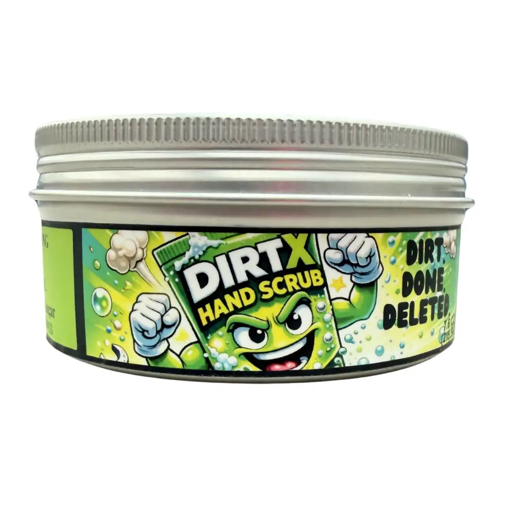 Wendalas™ dirtx hand scrub in a silver metal container featuring a green cartoon character-themed design for deep cleaning