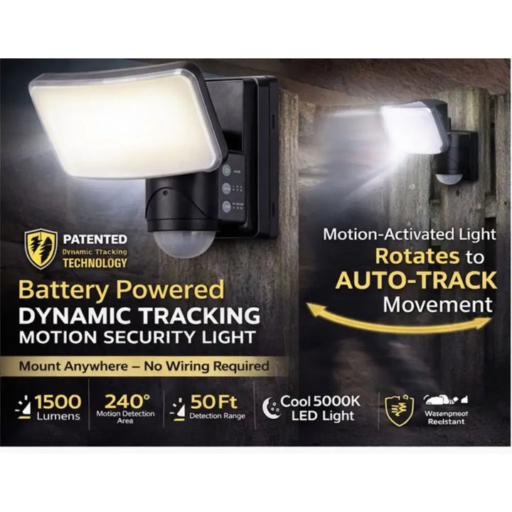 Black 1500 lumen battery powered motion security light with dynamic tracking technology, 5000k cool white