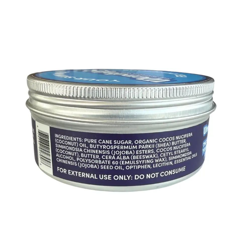 Silver metal jar with blue lid and dark purple label containing eucalyptus essential oils foot scrub ingredients for external use