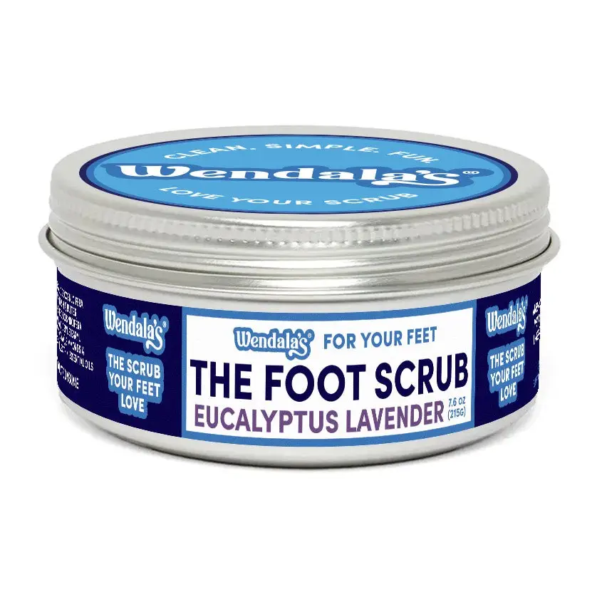 Wendala eucalyptus lavender foot scrub in a silver tin with blue and white labeling featuring eucalyptus essential oils