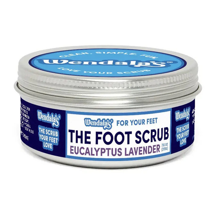 Wendala eucalyptus lavender foot scrub in a silver tin with blue and white labeling featuring eucalyptus essential oils