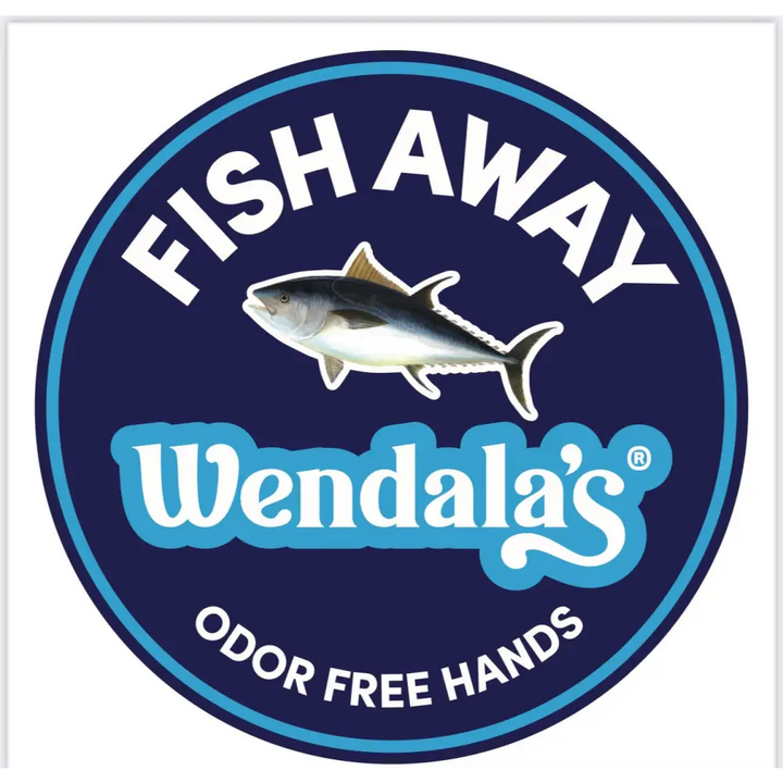 Wendalas fish away lemon clove logo with white silver tuna on navy circle featuring leaves hands odor free design