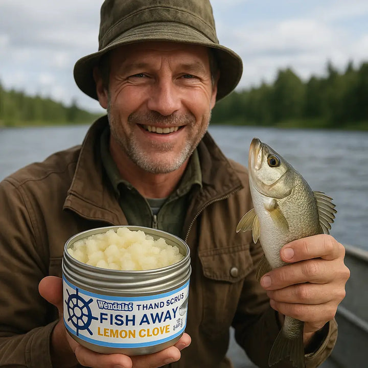 A silver can of wendal’s fish away lemon clove hand scrub with a blue white label and organic coconut leaves hands clean