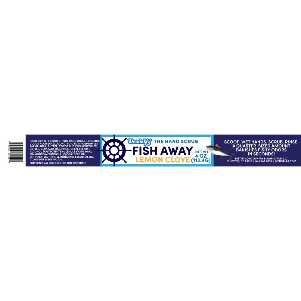 Fish away lemon clove hand scrub in blue and white bottle with ships wheel design leaves hands soft with organic coconut