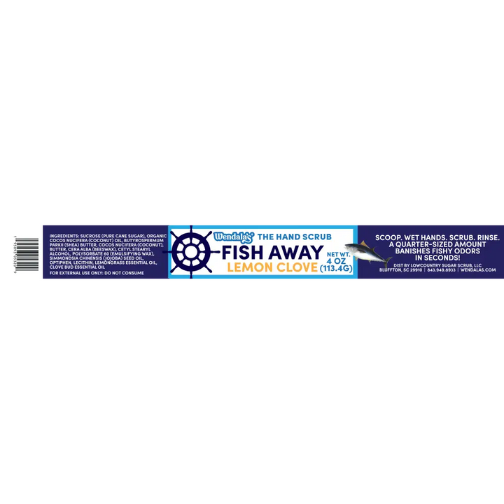 Fish away lemon clove hand scrub in blue and white bottle with ships wheel design leaves hands soft with organic coconut