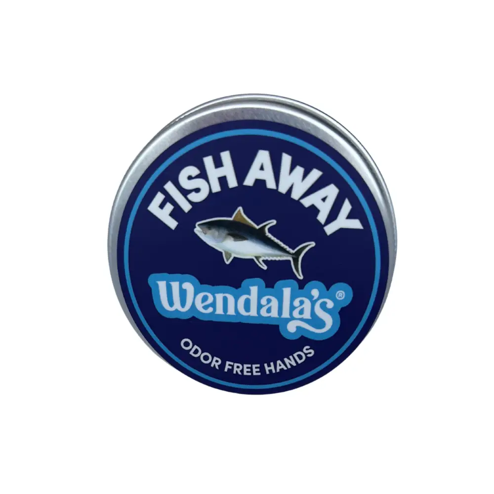 Blue circular tin with silver lid featuring wendala branding and white tuna for lemon clove odor-free hand sanitizer leaves hands fresh