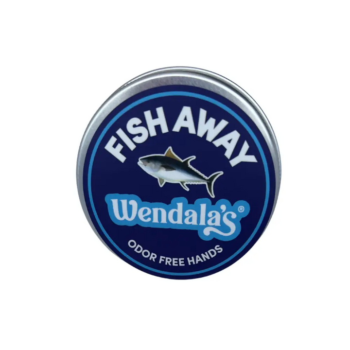 Blue circular tin with silver lid featuring wendala branding and white tuna for lemon clove odor-free hand sanitizer leaves hands fresh