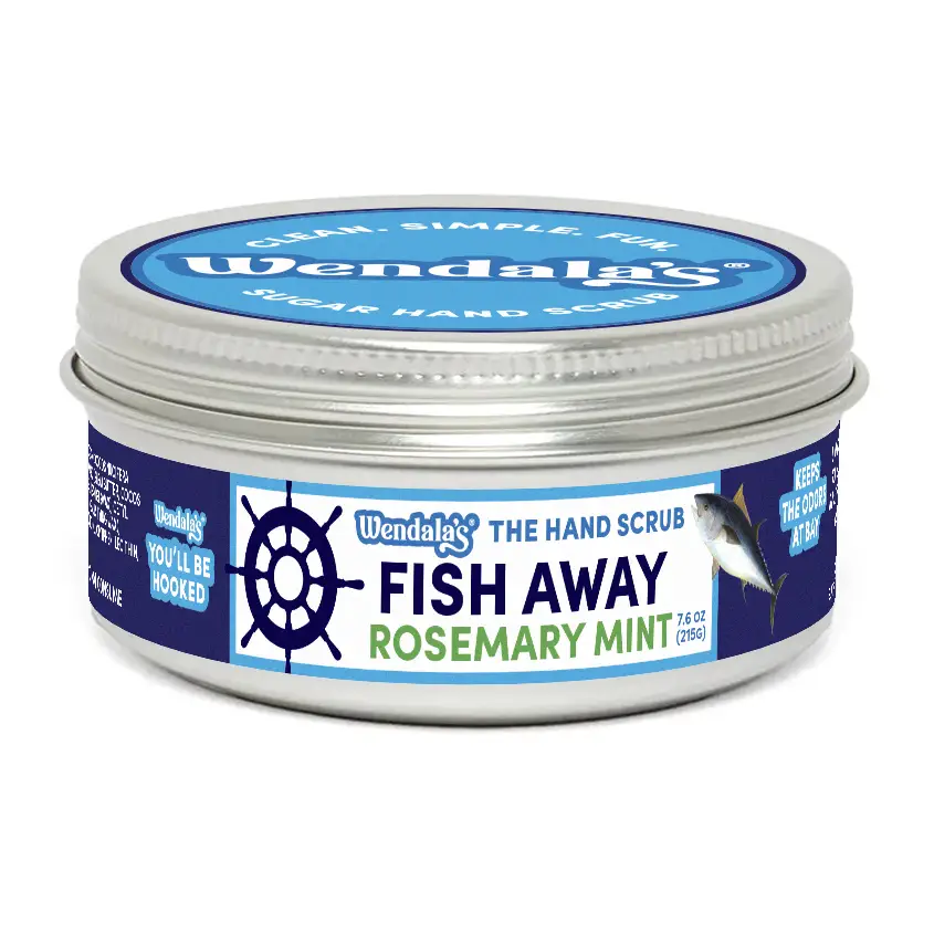 Wendalas fish away rosemary mint hand scrub in a silver tin with blue and white label fights fishy smells
