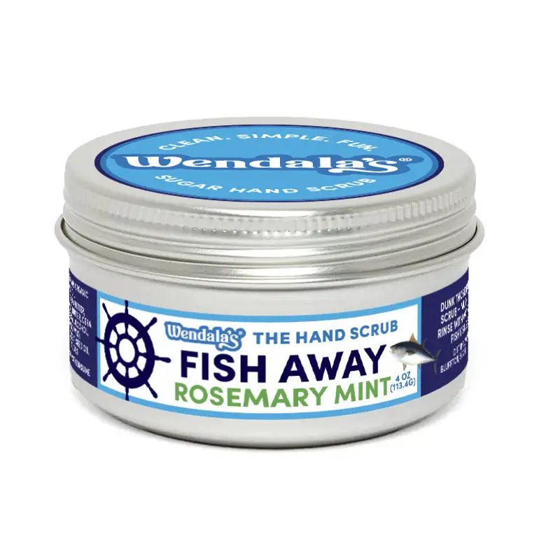 Wendalas fish away rosemary mint sugar hand scrub in a silver tin with blue and white labeling for fishy smells removal