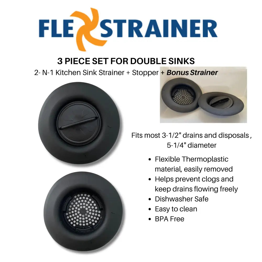 Flex Strainer 2-in-1 Kitchen Sink Drain Strainer & Stopper + BONUS STRAINER – Fits 3.5” Drains and Disposals Made