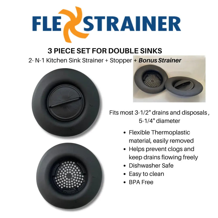 Flex Strainer 2-in-1 Kitchen Sink Drain Strainer & Stopper + BONUS STRAINER – Fits 3.5” Drains and Disposals Made