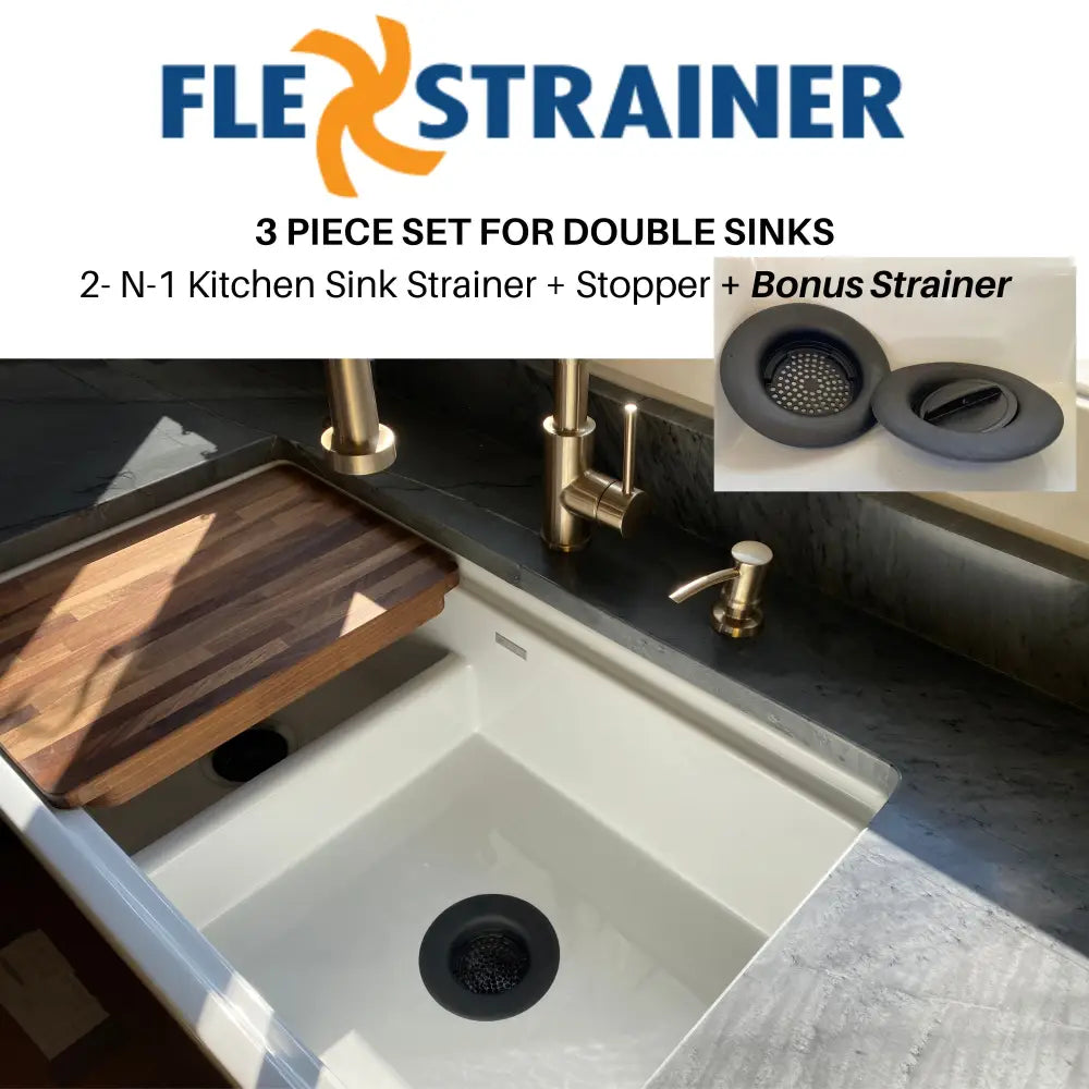 Flex Strainer 2-in-1 Kitchen Sink Drain Strainer & Stopper + BONUS STRAINER – Fits 3.5” Drains and Disposals Made