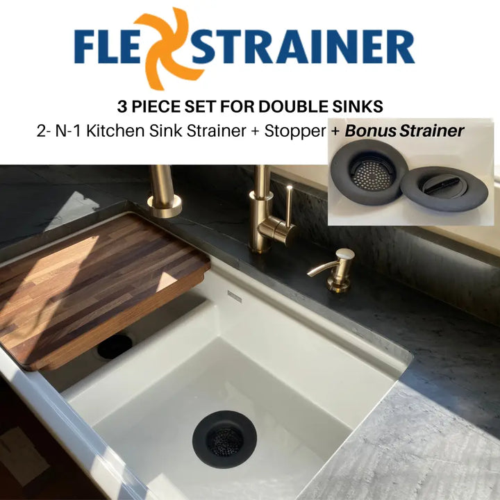 Flex Strainer 2-in-1 Kitchen Sink Drain Strainer & Stopper + BONUS STRAINER – Fits 3.5” Drains and Disposals Made
