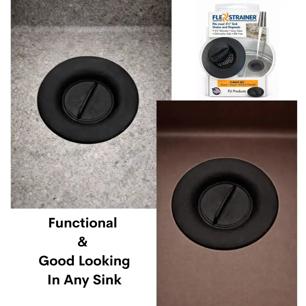 Black matte Flex Strainer 2-in-1 sink strainer, dishwasher safe, clog-free