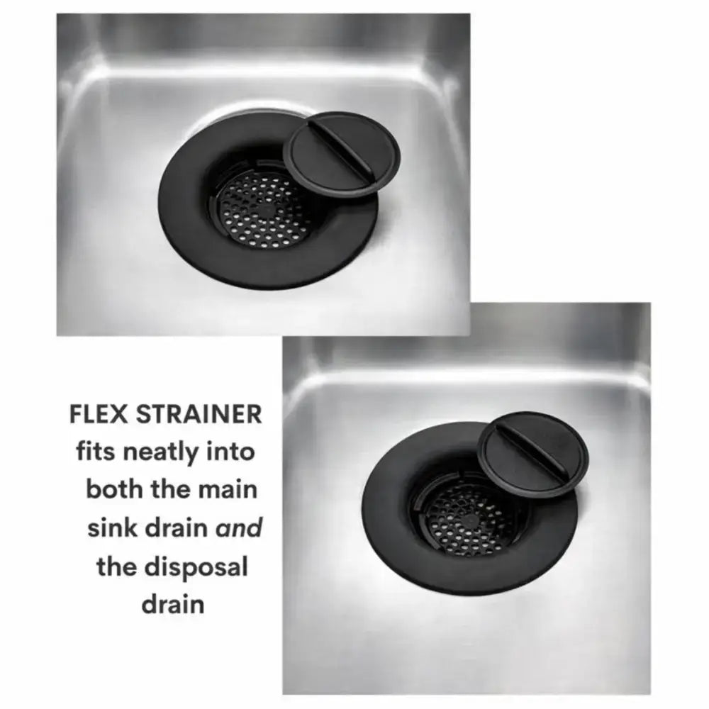 Black flex strainer 2-in-1 with hinged lid in stainless steel sink, dishwasher safe