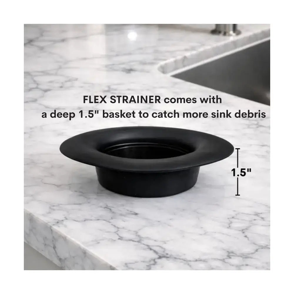 Black flex strainer 2-in-1 with 1.5-inch basket, sink clog-free, dishwasher safe