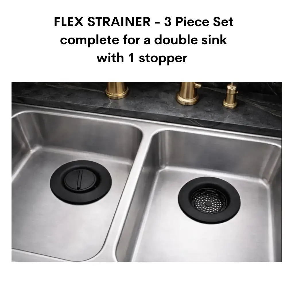 Black flex strainer 2-in-1 set for double sink, dishwasher safe