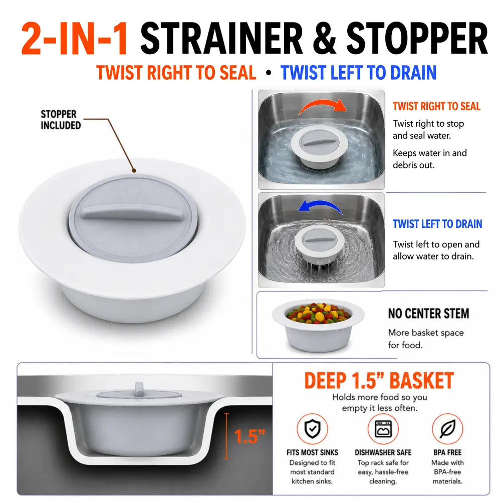 White and gray flex strainer 2-in-1 kitchen sink strainer and stopper with deep 1.5 inch basket for kitchen sink