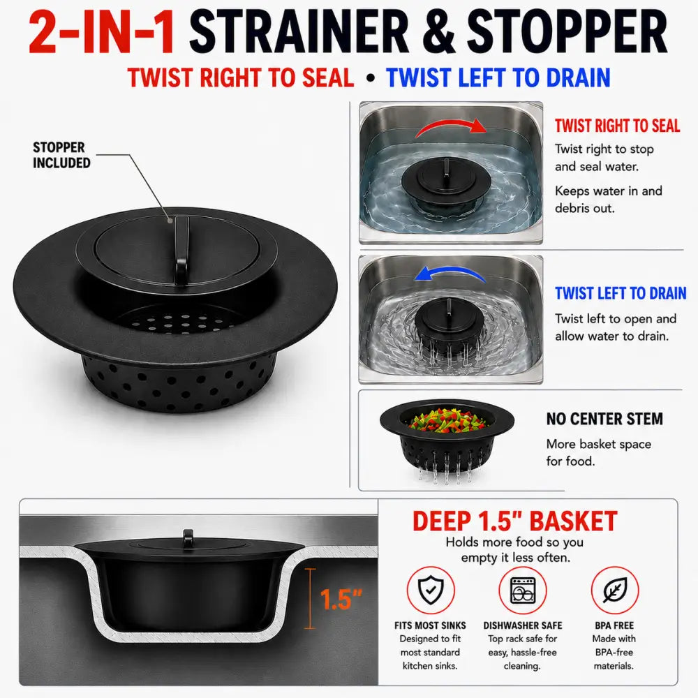 Black flex strainer 2-in-1 kitchen sink strainer and stopper with deep 1.5-inch basket for standard sinks