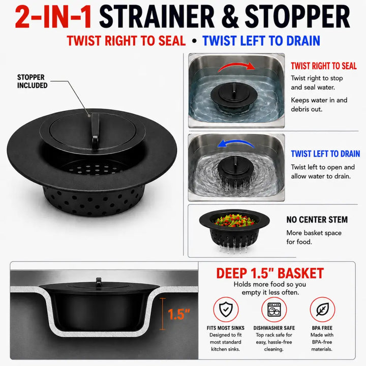 Black flex strainer 2-in-1 kitchen sink strainer and stopper with deep 1.5-inch basket for standard sinks