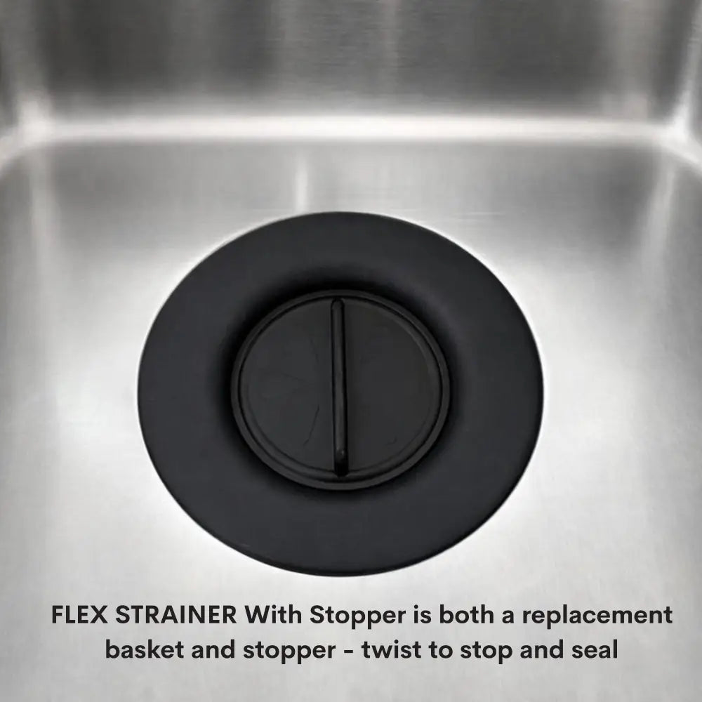 Black flex strainer 2-in-1 kitchen sink strainer with stopper featuring a sleek circular design and twist-to-stop seal