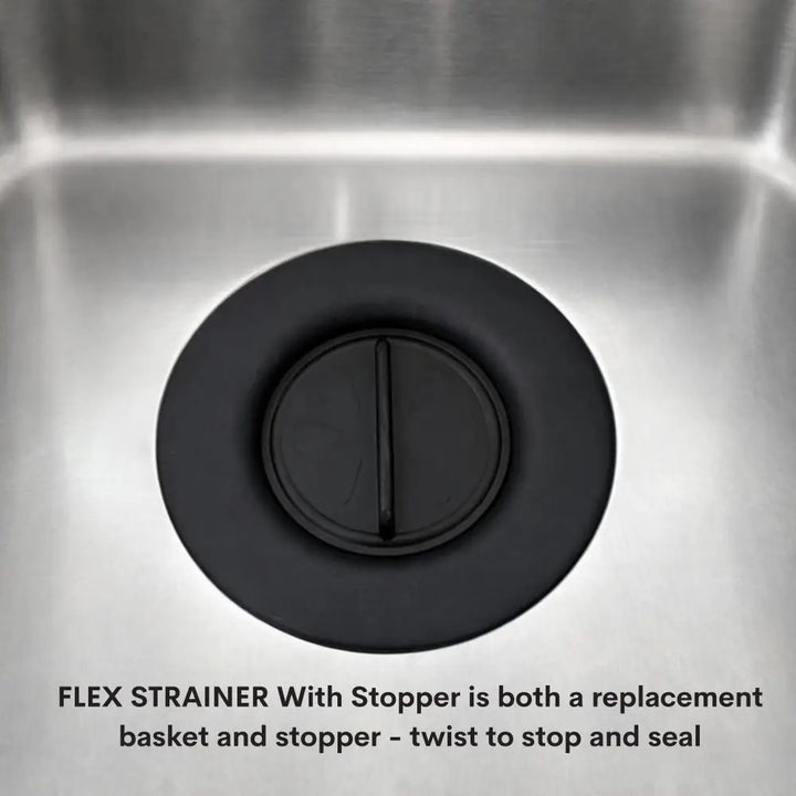 Black flex strainer 2-in-1 kitchen sink strainer with stopper featuring a sleek circular design and twist-to-stop seal