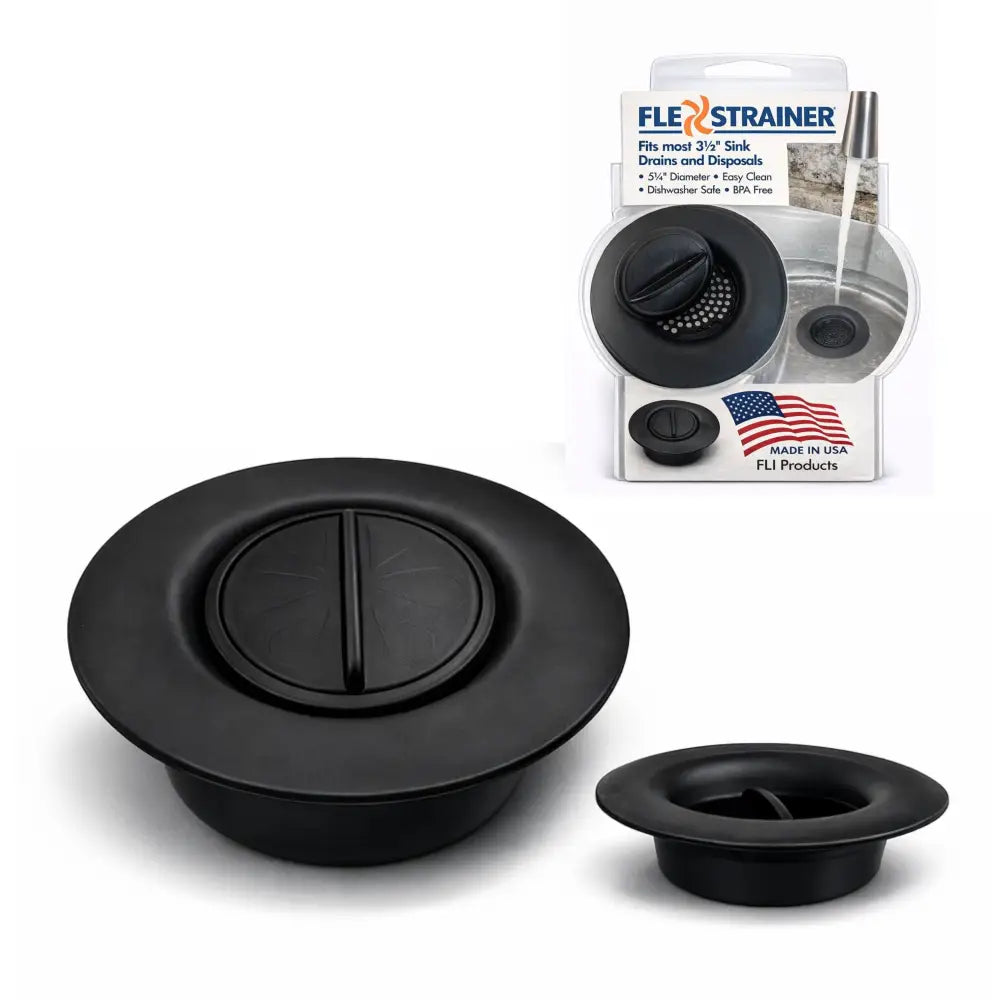 Black plastic flex strainer 2-in-1 kitchen sink strainer with circular lid and textured grip for kitchen sink use