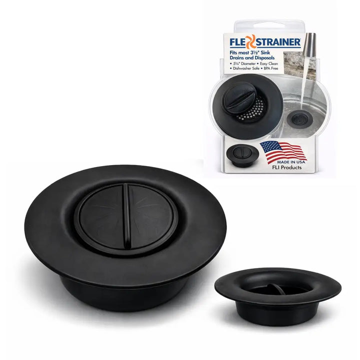 Black plastic flex strainer 2-in-1 kitchen sink strainer with circular lid and textured grip for kitchen sink use