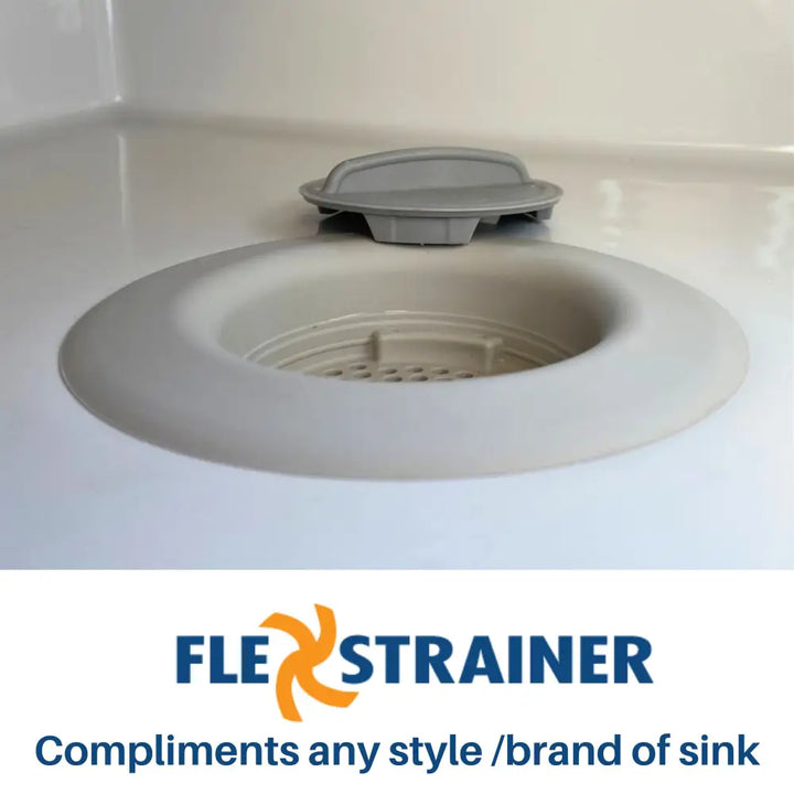 Gray plastic flex strainer 2-in-1 kitchen sink strainer and stopper with matching lid for any kitchen sink style