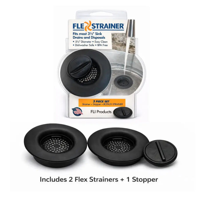 Black flex strainer 2-in-1 kitchen sink strainer and stopper with 5½ inch perforated cover for kitchen sink drain