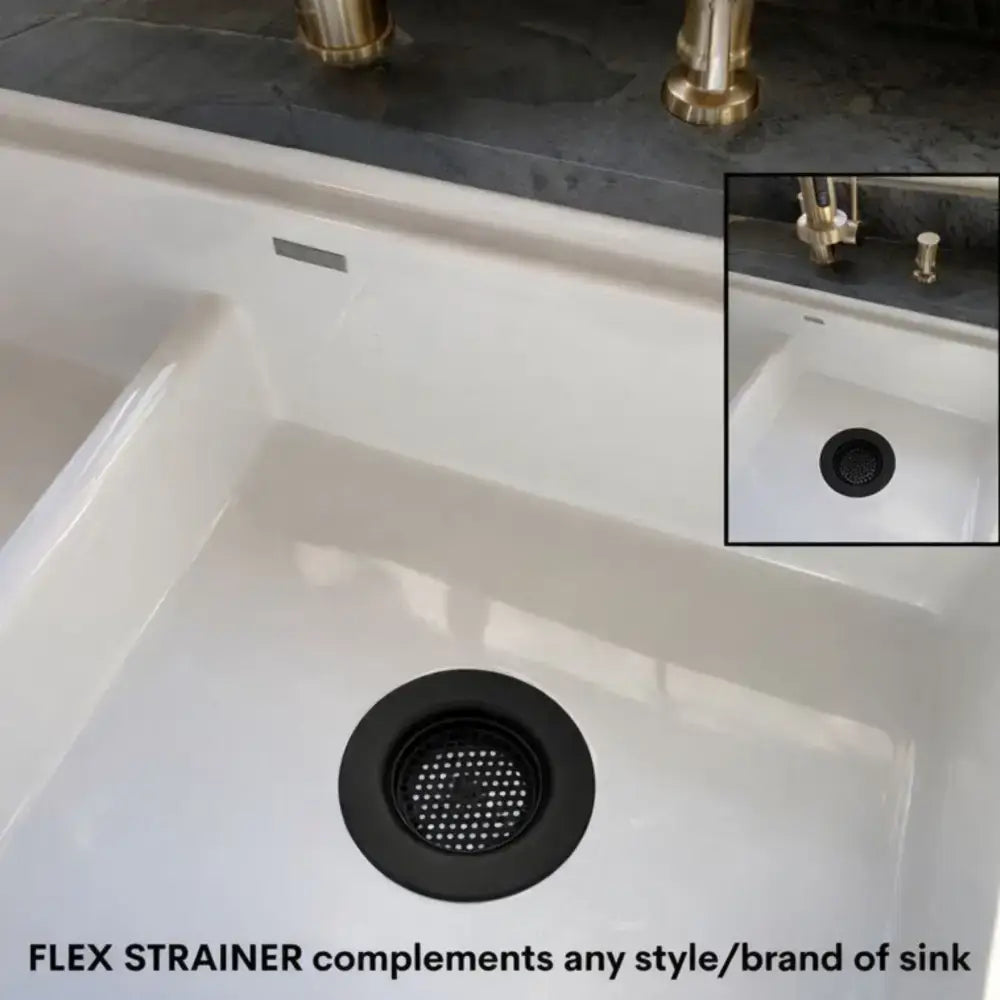 Black flexible flex strainer 2-in-1 sink strainer and stopper with perforated design dishwasher safe for clog-free use