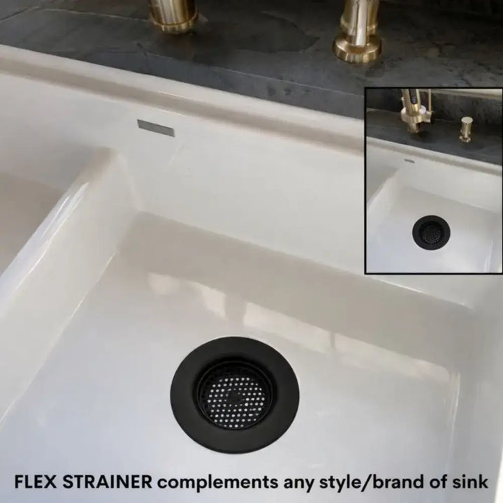 Black flexible flex strainer 2-in-1 sink strainer and stopper with perforated design dishwasher safe for clog-free use