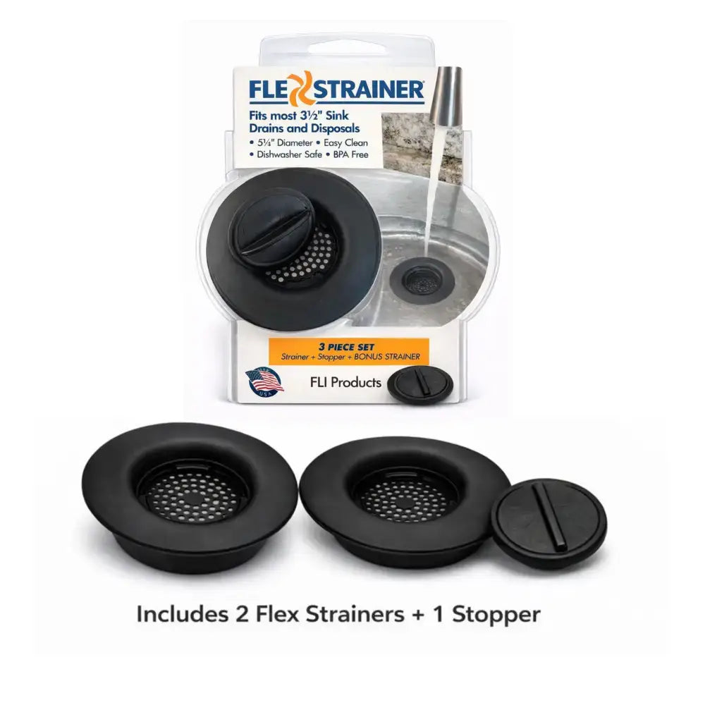 Black flex strainer 2-in-1 sink strainer and stopper set with perforated design rubberized finish dishwasher safe clog-free