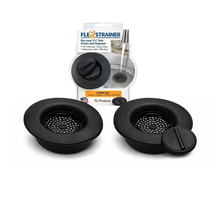 Black silicone flex strainer 2-in-1 sink strainer and stopper set with perforated design for sink clog-free use dishwasher safe